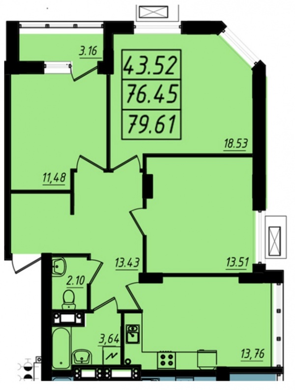Планировки трехкомнатных квартир 79.61 м^2